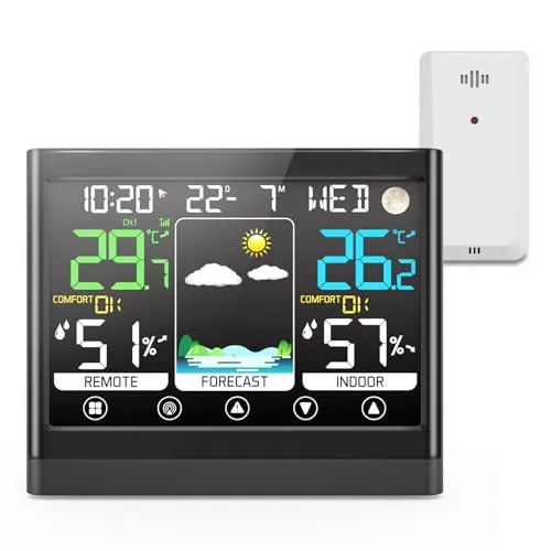 Wetterstation Funk mit Außensensor und Touch Display - Multifunktionale Wetterstation mit Außensensor, bietet präzise Wettervorhersagen, Innentemperatur und Luftfeuchtigkeit auf einem klaren VA Bildschirm.