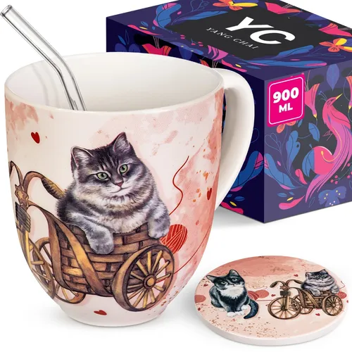 Yang Chai Jumbotasse 900ml - XXL Teetasse mit Katzenmotiv - Thermobehälter aus hochwertigem Porzellan, mikrowellen- und spülmaschinengeeignet, ideal für Tee, Kaffee und mehr. Perfektes Geschenkset mit Untersetzer.