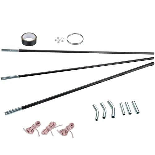 Fiberglas Zeltstange Reparatur-Set 3 Fiberglas-Segmente Ø12,5/11/9,5 mm 65 cm - mit Gummizug und Einfädelhilfe Hülsen Zeltgestänge Zeltstangen - Ersatzstangen für Zelte Kürzbar