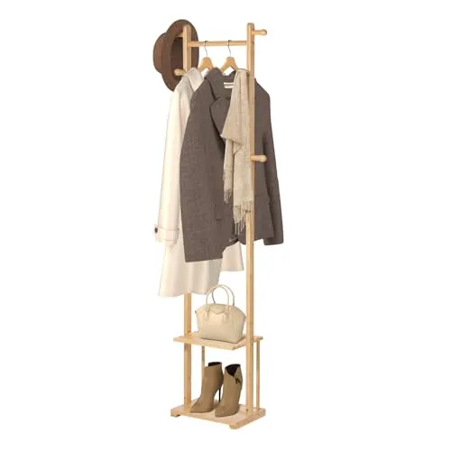 Todeco Garderobenständer aus Bambus - Vielseitiger Kleiderständer mit 6 Haken und 2 Ablagen für Schuhe oder Bücher, ideal für Flur, Schlafzimmer oder Wohnzimmer. Stabil und platzsparend, perfekt für kleine Räume.