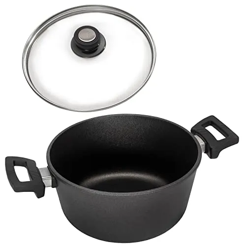 Eurolux Guss-Topf Ø 24 cm Induktion Set mit Glasdeckel (Edelstahlrand) - 4.5 Liter - kleiner induktiver Universal-Koch-Topf Aluguss mit Antihaft-Beschichtung - Made in Germany