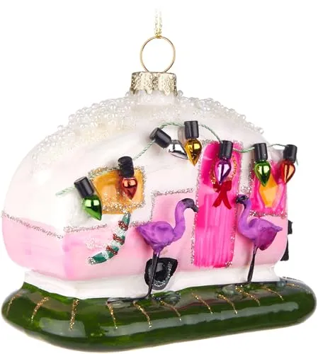 BRUBAKER Rosa Wohnwagen mit Lichterkette und Flamingos - Handbemalte Weihnachtskugel aus Glas - 10 cm Florida Trailer Baumkugel mit Weihnachtsdeko - Christbaumschmuck Figur Lustig Deko Anhänger
