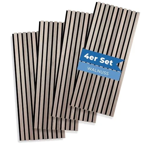 PROVISTON Akustikpaneele 3D Wandpaneele Walnuss 4er Set - Elegante 3D Wandpaneele aus MDF mit schallabsorbierendem Filz, ideal für Wohnzimmer, Büro oder Studio. Perfekte Kombination aus Akustikverbesserung und stilvoller Wandgestaltung.