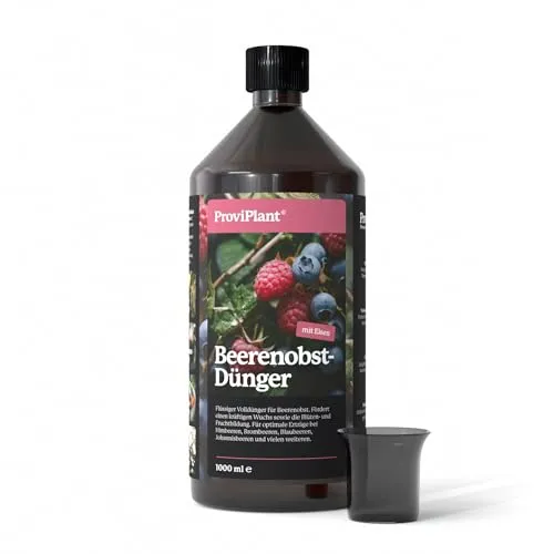 ProviPlant Beerenobst Flüssigdünger – Für Erdbeeren, Himbeeren, Blaubeeren & Co – 1 Liter Konzentrat für bis zu 200 Liter Gießwasser – Gewächshaus & Beet - Made in Germany