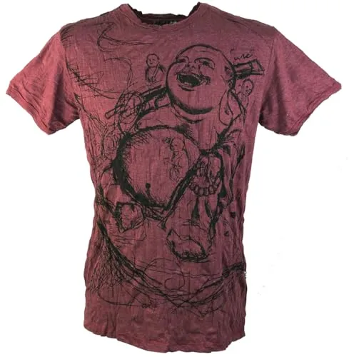 GURU SHOP Herren T-Shirt Happy Buddha - Bordeaux, Größe M - Stylisches Herren T-Shirt mit hochwertigem Druck im Krinkel-Look. Angenehm weich und pflegeleicht, ideal für den Alltag. Der Used-Look Kragen verleiht dem Shirt einen trendigen Touch.