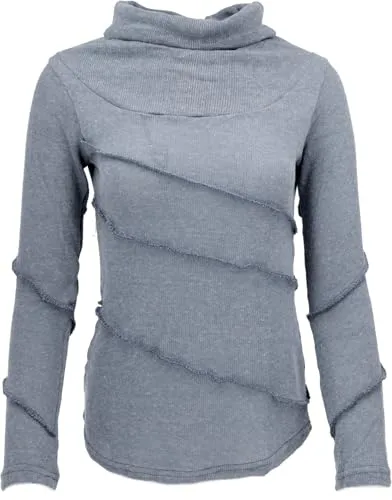 GURU SHOP Psytrance Feinstrick Shirt - Taubenblau, Damen, Size:M - Stylisches Langarmshirt aus feinem Strick mit Rollkragen und Overlock-Nähten, ideal für lässige Looks und den täglichen Gebrauch.