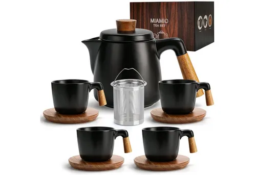 MiaMio Teeservice 1 Liter Keramik-Teekannen-Set - 5-teiliges Set aus hochwertiger Keramik in elegantem Schwarz, inklusive 4 Tassen und Siebeinsatz – ideal für entspannte Teestunden.