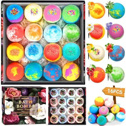 Produktbild MOYKSRR Badekugeln, 16 Stück Badebomben Geschenkset, Rein Natürlichen Ätherischen Ölen, Badekugeln Frauen, Entspannung, Spa, Blasenbad, Geschenkset Frauen, Weihnachten, Valentinstag, Geburtstags