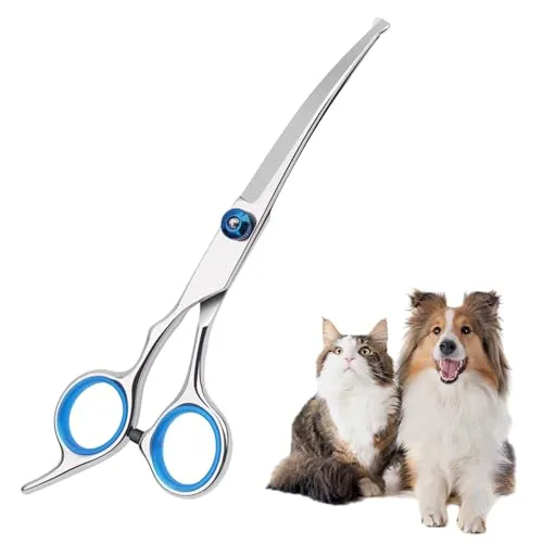 DGUSO Hundehaarschere, Fellschere Hunde, Schere Hundehaare Schneiden, Sicherheits-Pflegeschere mit Runder Spitze, Pflegeschere aus Edelstahl für Hunde und Katzen(Blaue Gebogene Schere)