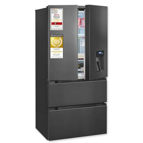 exquisit Kühlschrank FD5490-160-WS-202E, 183 cm hoch, mit Wasserspender - Kühlschrank mit 506 Litern Nutzinhalt, NoFrost-Technologie und integriertem Wasserspender für sofort frische Kaltgetränke. Ideal für große Haushalte!