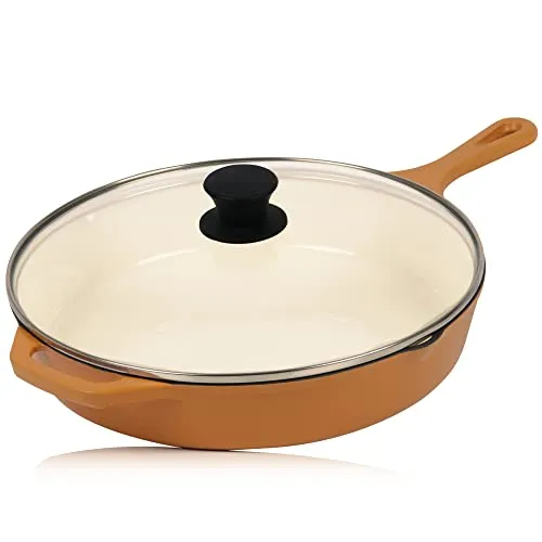 Mahlzeit Gusseisenpfanne mit Deckel | Ø 29,5 cm | Sunny Orange - Vielseitige Gusseisenpfanne mit Deckel, ideal zum Braten, Schmoren und Kochen, geeignet für alle Herdarten inklusive Induktion, mit zwei Ausgießern für sauberes Portionieren.