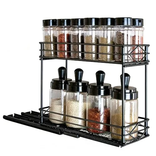 ASOUUNLD Gewürzregal Ausziehbar 2 Etagen Ewürzregal Schrank Extra Breit 11cm Gewürzständer Gewürz Organizer mit Rollenschienen Gewürzaufbewahrung für Küchenschrank Küche Speisekammer 15kg belastbar