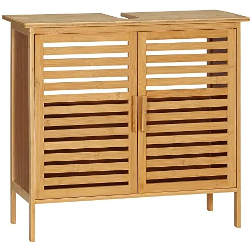 kleankin Bambus-Waschbeckenunterschrank mit 2 Türen, stehend unter dem Waschbeckenschrank, Bodenbadezimmerschrank, 66 x 29 x 61,5 cm, Natur
