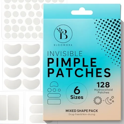 Unsichtbare Pickel Patch Groß, Hydrokolloid Pflaster für Akne, Pimple Patches für das Gesicht, Akne Patch, Halbmond, Rechteck, Oval (6 Größen, 128 Stück)