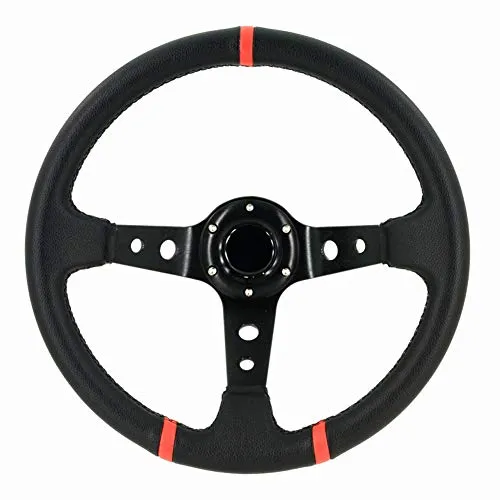 AUTO-STYLE Universal Sportlenkrad 'Deep-Dish - Ø350mm - Schwarz PU-Leder + Schwarze Speichen + Rote Streifen