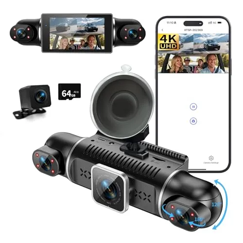 Kanal Dashcam Auto Vorne Hinten 4K/1080P,360° Dasch-Cam Auto mit 64GB SD | 3