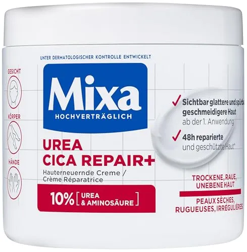 Mixa Urea hauterneuernde Creme mit Urea & Niacinamide, für trockene und raue und unebene Haut, repariert und glättet, Feuchtigkeitspflege für den Körper, Hände und Gesicht, Urea Cica Repair+, 400 ml