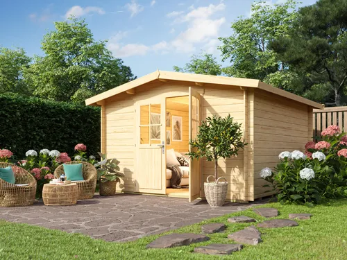 Fjordholz Satteldach Gartenhaus Eliza 5D – Massivholz für Ihren Garten - Massives Gartenhaus Eliza 5D aus 28mm nordischer Fichte, ideal für Gartenliebhaber. Hochwertige Doppeltür und robuste Konstruktion sorgen für Langlebigkeit und Sicherheit. Individuelle Anpassungen möglich!