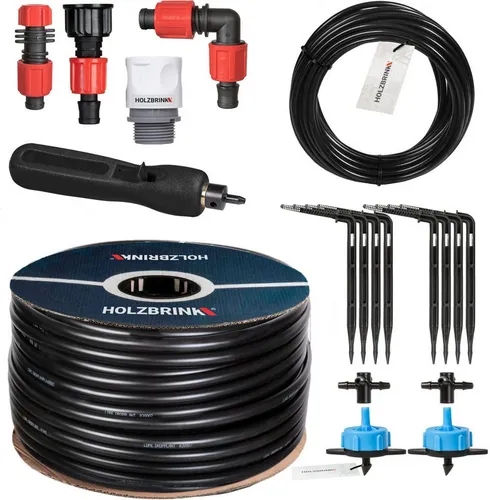 HOLZBRINK Bewässerungssystem HTB-10-B-10 für Pflanzenbewässerung - Professionelles Bewässerungssystem für Gewächshäuser und Gärten. Mit druckregulierenden Tropfern für eine präzise Wasserabgabe direkt an den Wurzeln. Ideal für die optimale Pflege von Pflanzen und Gemüse.