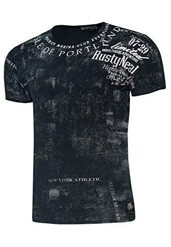 Rusty Neal Herren T-Shirt Rundhals Printed Tee Shirt Kurzarm Regular Fit Stretch 100% Baumwolle S M L XL XXL 3XL 244, Farbe:Schwarz, Größe:L