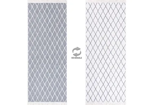 Jimri Teppich Kelim - Läufer 50 cm x 80 cm, grau-silberfarben, wendbar und pflegeleicht mit handgeknüpften Fransen