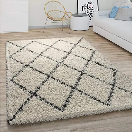 Paco Home Hochflor Teppich Wohnzimmer Schlafzimmer Boho Skandinavisch Shaggy Modern Rautenmuster, Grösse:160 cm Rund, Farbe:Creme 2