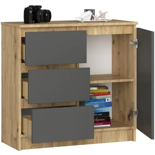 BDW - Kommode mit 3 Schubladen und 1 Tür - 80 cm breit, 77 cm hoch - Schrank, Sideboard, Mehrzweck-, Schuhschrank, Schubladenkommode, Aktenschrank - Wohn-, Schlafzimmer, Flur - Eiche Artisan/Grau