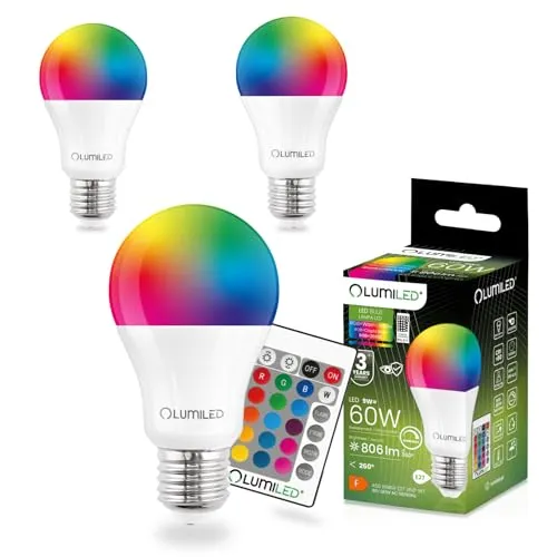 Lumiled A60 E27 LED Lampe, 9W (ersetzt 60W), 806 Lumen Leuchtmittel, RGB +3000K Birnen Lampen, Dimmbar, 260° Grad Strahlwinkel Glühbirne 3er-Pack Farbwechsel Tropfen mit Fernbedienung