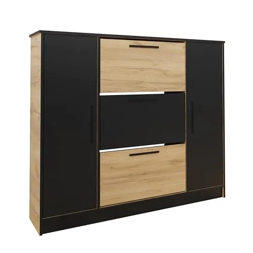 KIER FURNITURE Schuhschrank SZNB02D - Schuhregal aus Laminierter Spanplatte - Schuhkipper mit Ablageflächen - Einordnung der Schuhe - Schuh-Organizer - 137,2x124,7x24,1 cm Eiche Craft Gold + Schwarz