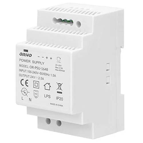 ORNO PSU-1648 Netzteil für DIN-Schiene 24VDC, 2,5A, 60W (3 Modul) - Transformatoren mit stabiler 24VDC-Ausgabe, ideal für LED-Anwendungen. Die kompakte Bauform ermöglicht eine einfache Installation und sorgt für Sicherheit dank integrierter 2,5A-Sicherung.