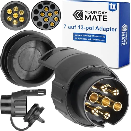 auf 13-pol Adapter Stecker, Set mit Parking Cover, Steckverbindung 13pin Anhänger Stecker zu 7 Pol Auto Steckdose, 7-13 polig Adapter nach ISO 1724 und 11446 genormt, AHK Verbinder für 12 V Systeme 7