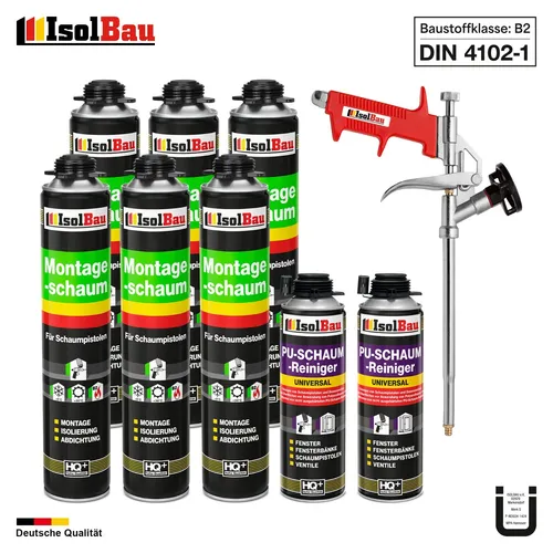 Pistolenschaum Set 6x 750ml mit Reiniger & Schaumpistole - Praktisches Set mit 6x 750ml Pistolenschaum und 2x 500ml Reiniger. Ideal für Abdichten und Dämmen, mit schneller Aushärtung und hoher Bindekraft. Perfekt für Fenster, Türen und mehr.