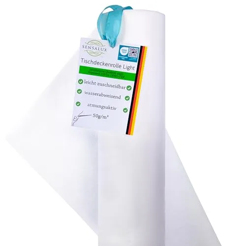 Sensalux Light Tischdeckenrolle, Oeko-TEX ® 100 - 25m lang - Hochwertige Tischdeckenrolle aus stoffähnlichem Vlies, ideal für jede Feier. Made in Germany, allergie-neutral und mit Lotuseffekt für einfachen Gebrauch und Pflege.