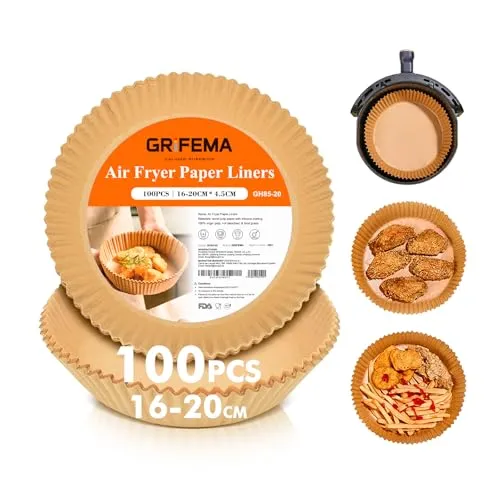 GRIFEMA Heißluftfritteuse Backpapier für Cosori Cecotec 2-4 L, 100 Stück | Air Fryer Backpapier, Zubehör für Heißluftfritteuse, BPA-frei, Backofen geeignet, Lebensmittelgeeignet, 16-20 cm, Runden