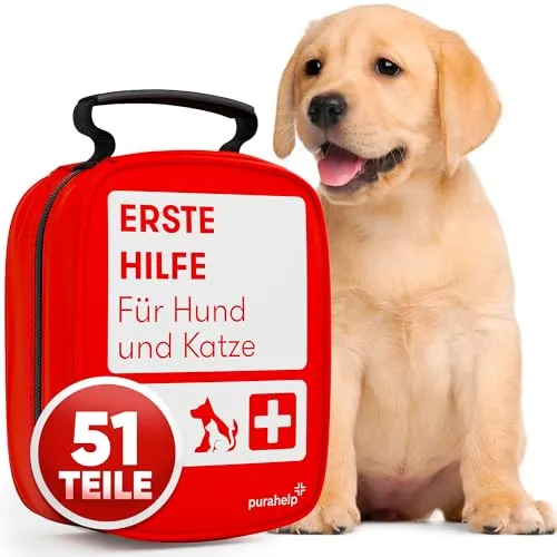 Purahelp Erste-Hilfe-Set für Hund und Katze - Umfassendes Erste-Hilfe-Set mit 51 Teilen, inklusive Zeckenzange und Pinzette – ideal für die schnelle Hilfe bei Verletzungen von Haustieren.