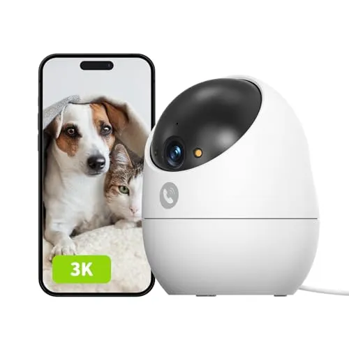 Beans View 3K Innenkamera für Überwachung und Sicherheit, Farb-Nachtsicht, 2,4 GHz WLAN-Kamera für Haustiere/Hunde/Katzen, Bewegungserkennung und -verfolgung, 360° Babyphone, Anrufknopf (D210 5MP)