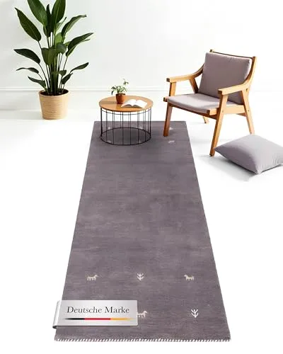 carpetfine Wollteppich Gabbeh Uni Läufer Grau 60x180 cm - Läufer aus 100% Wolle, langlebig und pflegeleicht, ideal für Wohn- und Schlafzimmer, auch für Fußbodenheizung geeignet.