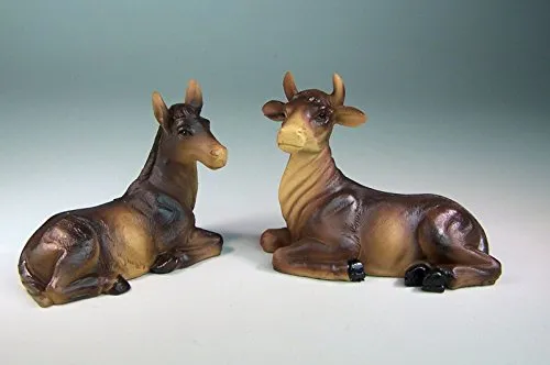 Krippenfiguren Ochs und Esel aus Polyresin. 7-8 cm hoch. Handbemalt