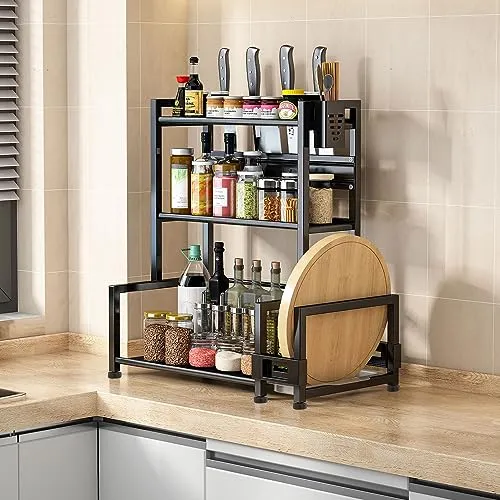 devesanter Gewürzregal Stehend,3 Etagen Großes Fassungsvermögen Gewürzdosen Küchenregal,Metall Organizer für Arbeitsplatte Aufbewahrung mit Utensilienhalter,Schneidebretthalter,mit 6 Haken,Schwarz