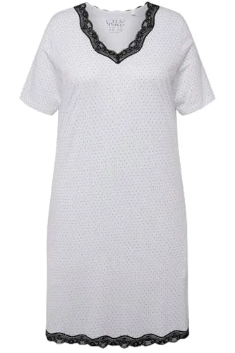 Ulla Popken Damen Nightgown - Elegantes Nachthemd in Schneeweiß - Nachthemden für Damen, mit feinem Punktmuster und edlen Spitzen-Details, V-Ausschnitt und Halbarm aus extraweicher Baumwoll-Modalmischung für höchsten Komfort.