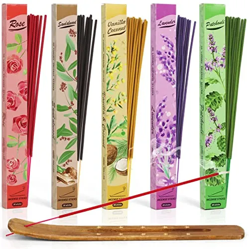 Räucherstäbchen Set, 150 Stäbchen, 5 Düfte von Sandelholz, Rose, Lavendel, Patschuli, Vanille Kokosnuss, Raumduft Geschenkset für Muttertag, Weihnachten, Geburtstag, mit 1 x Räucherstäbchenhalter