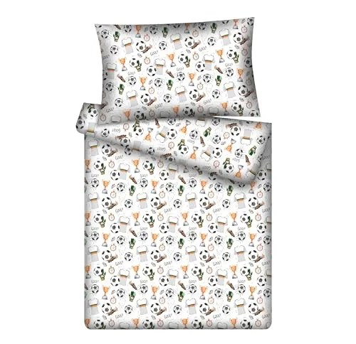 KiGATEX Kinderbettwäsche-Set Fußball mit Reißverschluss – 100% Baumwolle – 2-teilig: Decke 100x135 cm + Kissen 40x60 cm – weich & atmungsaktiv – für Jungen & Mädchen – waschbar bei 60 °C