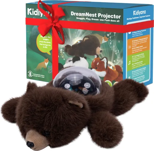 Interaktives Kuscheltier mit Baby Einschlafhilfe, Plüschtier & Himmel Projektor, Schlafmusik, Bewegungs- & Weinsensor, Wiederaufladbar, Geschenk ab 0 Monat, Bär