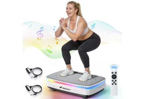 MERACH Vibrationsplatte 150W mit 99 Stufen und 7 Programmen - Effektives Ganzkörpertraining mit 99 Geschwindigkeiten, 7 Programmen und Bluetooth für Musikgenuss. Ergonomisches Design mit LED-Display und rutschfester Oberfläche für sicheres Training zu Hause.
