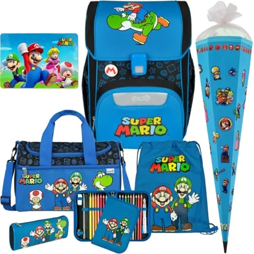 Pridera Scooli Schulranzen 1. Klasse Jungen EasyStart Set mit Super Mario Design