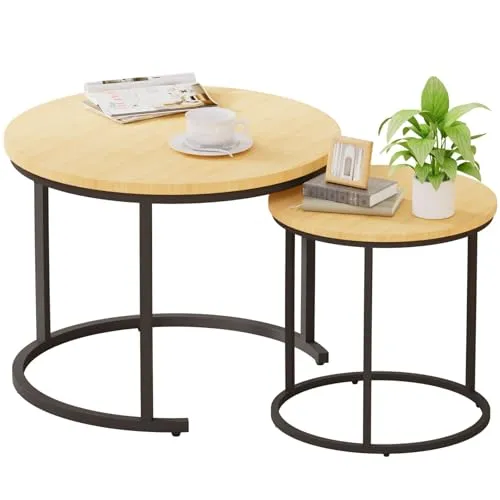 Yorbay 2er Set Rund Couchtisch: 2 in 1 Verschachtelung Beistelltisch, Moderne Couch Tisch mit Schwarz Metallgestell, Kaffeetisch für Wohnzimmer 60 cm & 46 cm (Eiche hell)