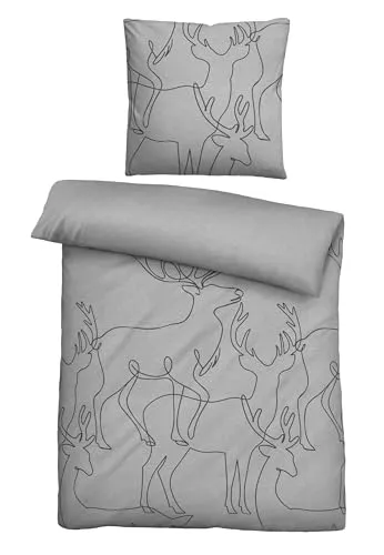 biberna Melange-Flanell Bettwäsche 0840517 Hirsch - Bettwäsche-Set aus 100% Baumwolle in sturmgrau, mit Reißverschluss, ökologisch unbedenklich und besonders angenehm auf der Haut - Made in Germany.