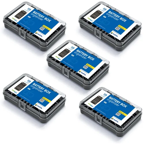 GreenBlue Varta Box GB189 Batteriebox mit 115 Plätzen - Praktische Batterieorganizer mit 115 Fächern, transparent und freistehend. Ideal für die übersichtliche Aufbewahrung von Batterien. Maße: 19,5 x 29,5 cm.