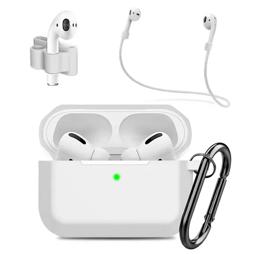 MMOBIEL Silikon Schutzhülle Case kompatibel mit AirPods Pro Cover Stoßfest Staubdicht 4in1 Set mit Karabiner Band (Weiß)