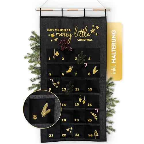 AMARI ® 054 Adventskalender zum Befüllen - Wunderschöner Wandkalender mit 24 Fächern - Adventskalender aus hochwertigem Baumwoll-Leinen, ideal zum Befüllen und Wiederverwenden. Inklusive E-Book mit kreativen Ideen für einzigartige Geschenke.